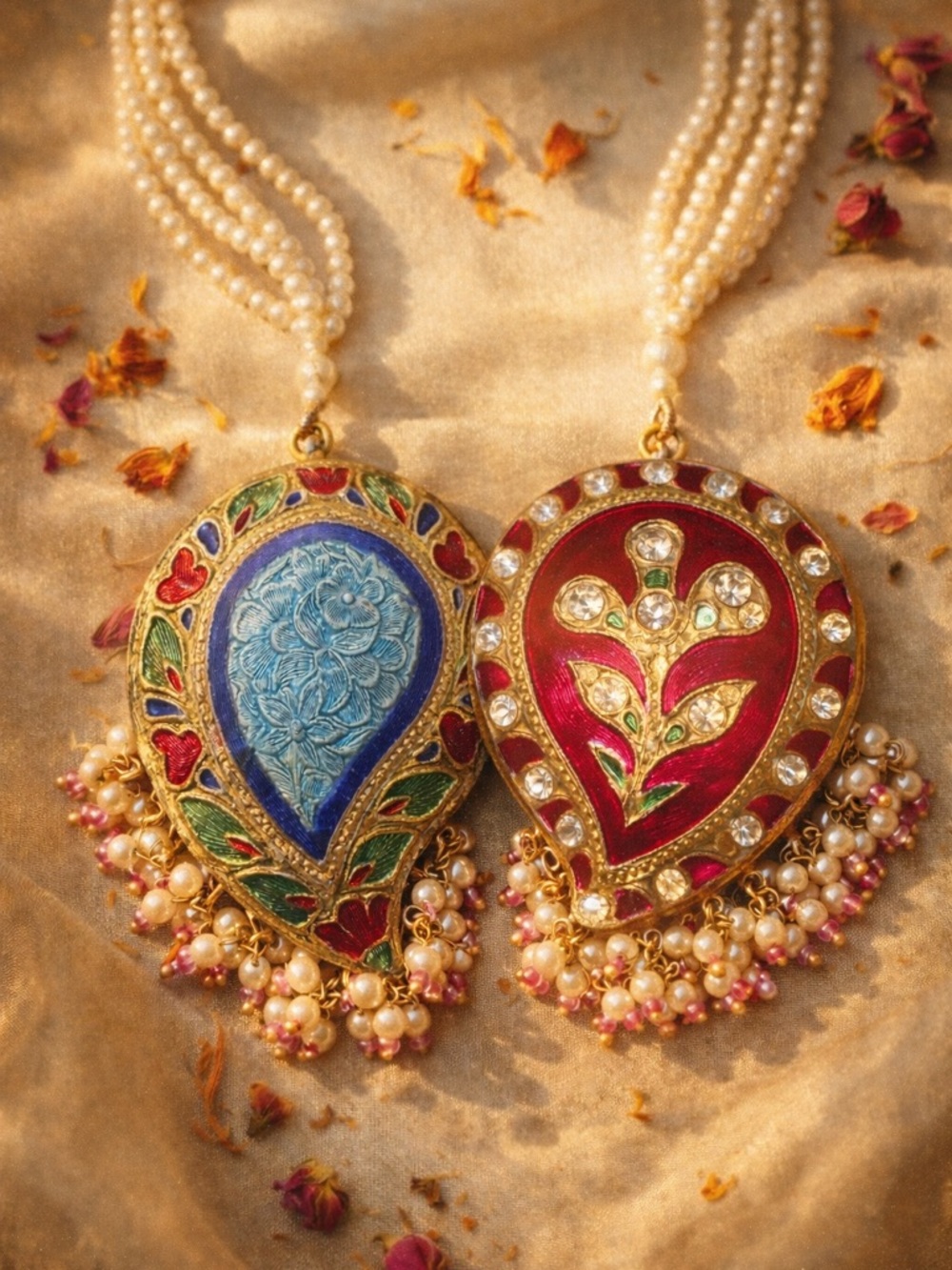 🌺 Vintage Rajasthani Meenakari Reversible Enamel 4-Strand Pear Necklace